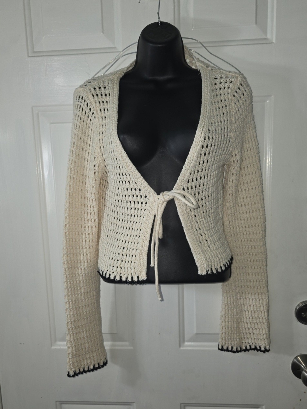 Bershka Cream Open-Weave Tie-Front Cardigan